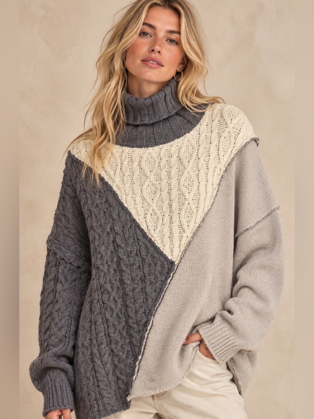 432. Bluevelvet Colorblock Cable Knit Turtleneck Sweater - Gray/Cream chenille